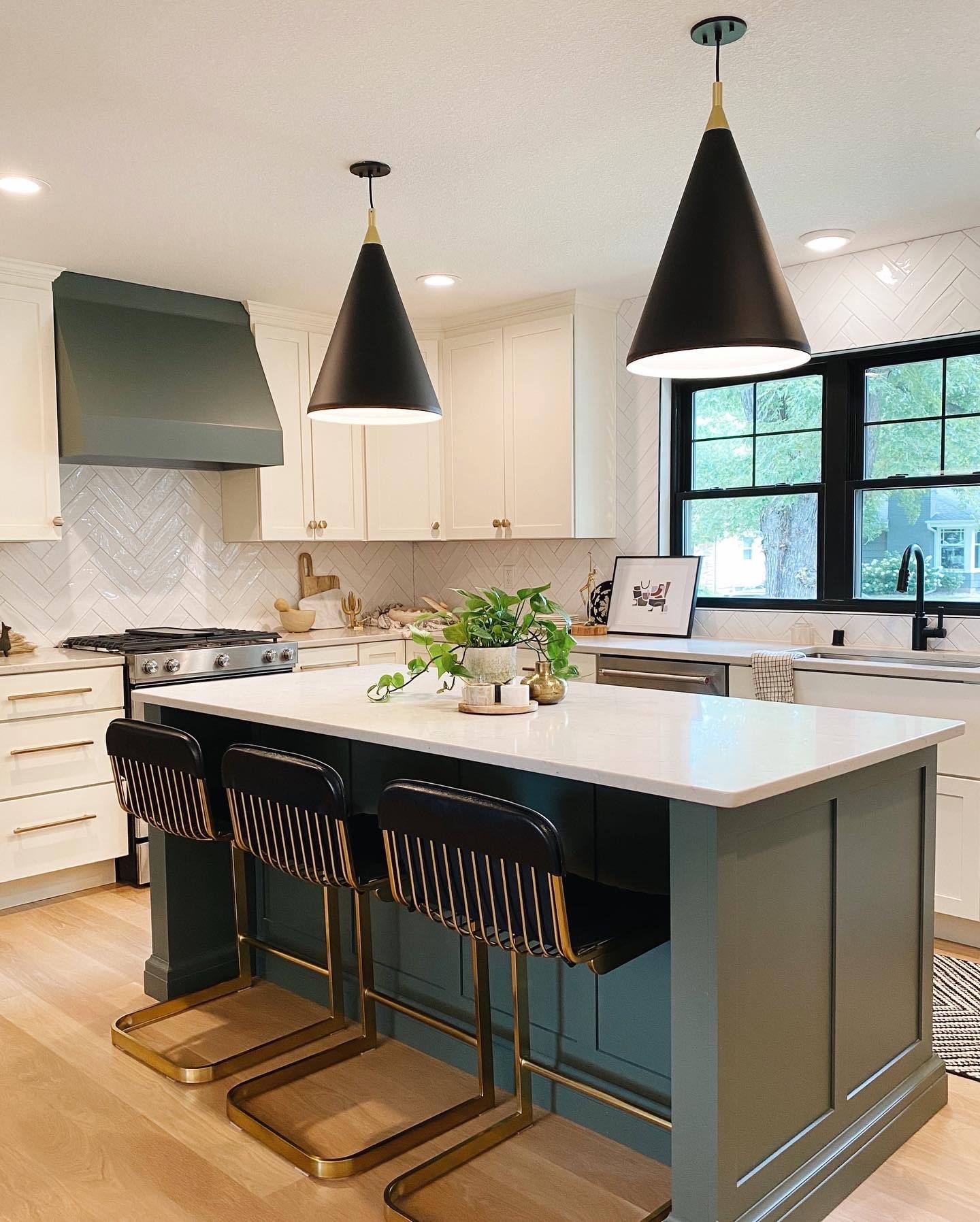 Kitchen Design with Green Cabinetry and Kitchen Island