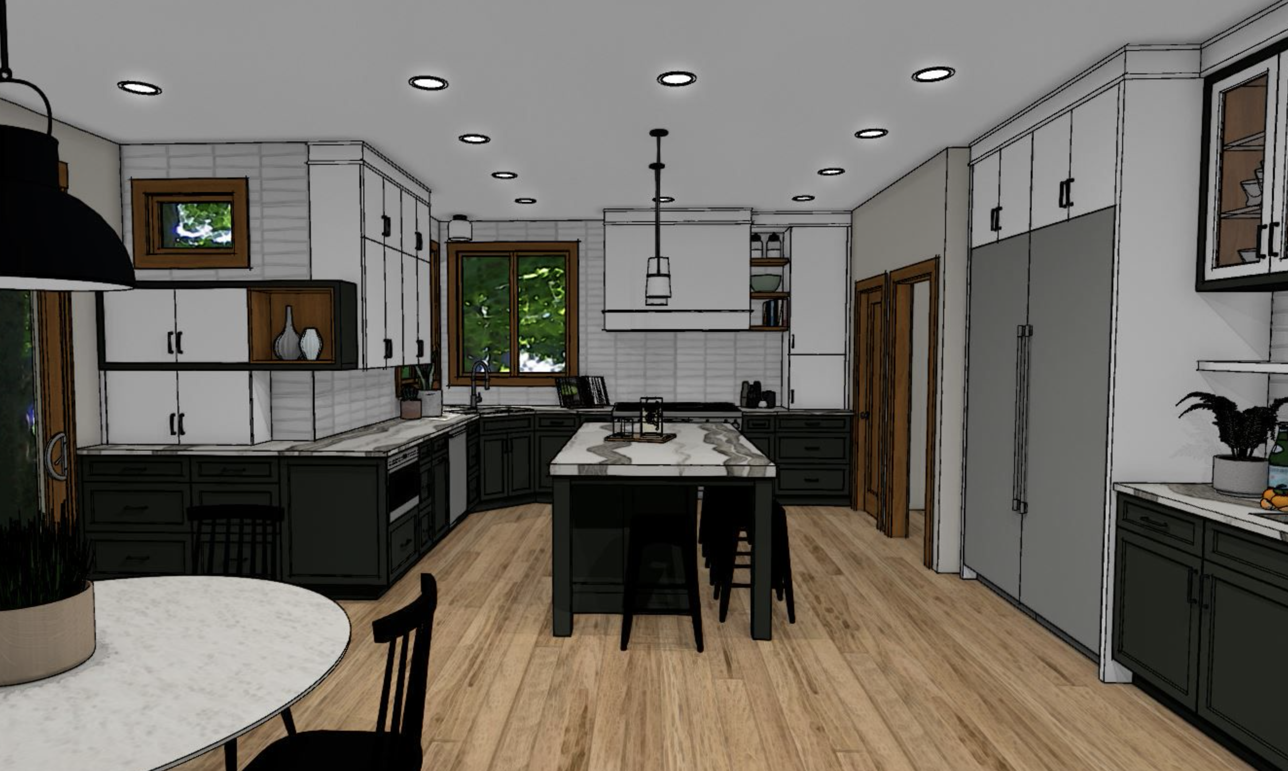 Moody, contemporary kitchen design featuring original trim
