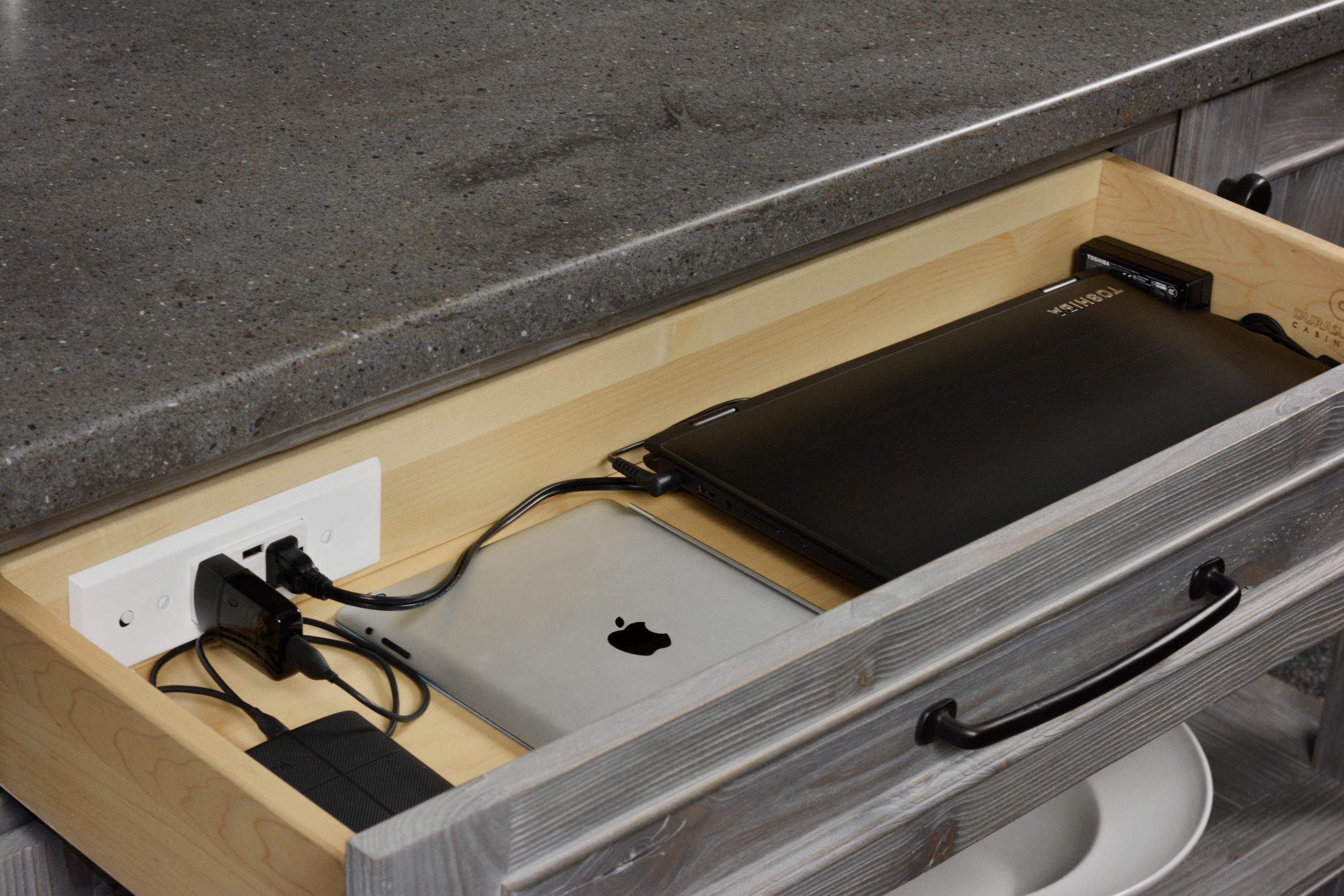 Kitchen drawer charging station to keep kitchen organized