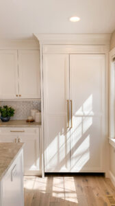 Traditional white kitchen cabinetry with paneled refrigerator