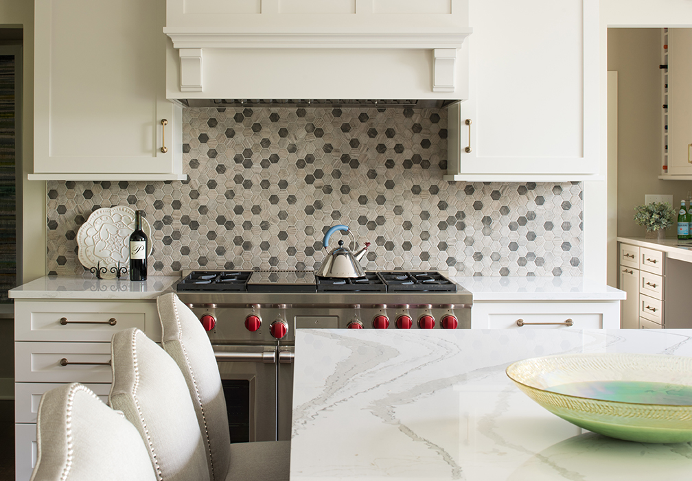 hexagon kitchen range backsplash, white cabinetry